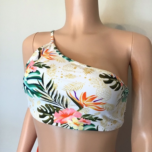 Shein Orange Floral One Shoulder High Waisted 2pc Bikini Set Size Large - Picture 2 of 10